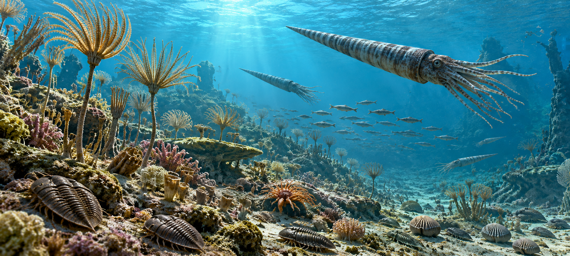 Illustrated reconstruction of an ancient marine ecosystem featuring trilobites, crinoids and nautiloid cephalopods