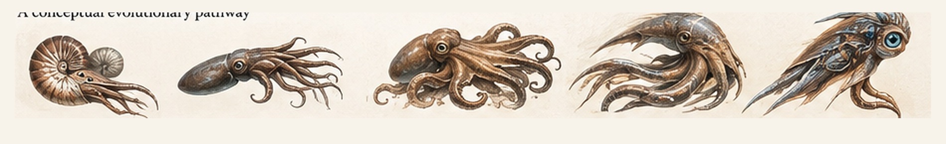Five illustrative cephalopod-inspired forms, moving from a simple marine ancestor to increasingly dexterous and neurologically sophisticated hypothetical Pelagians
